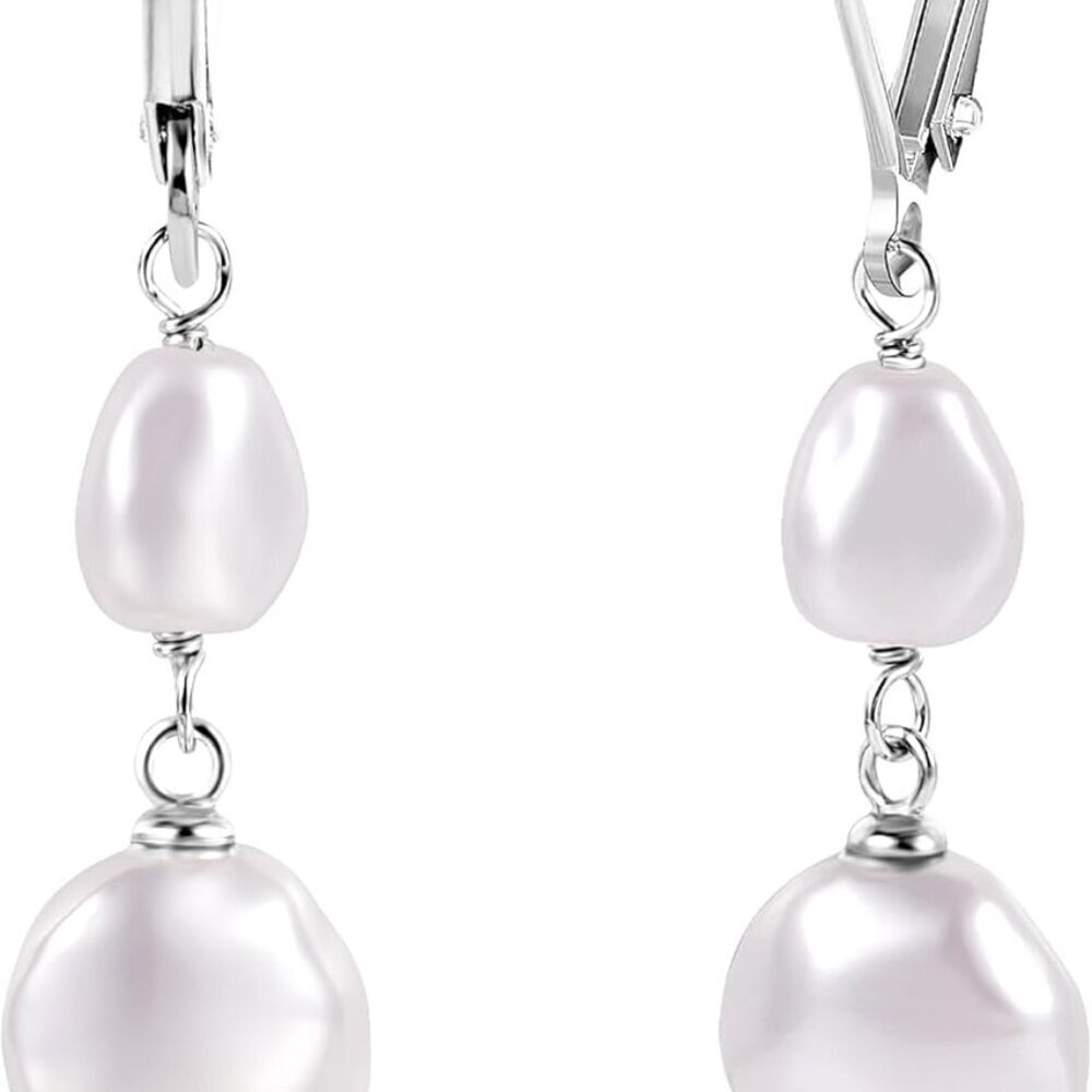 14K Gold Pearl Dangle Earrings for Women,925 Sterling Silver Double Pearl Drop E